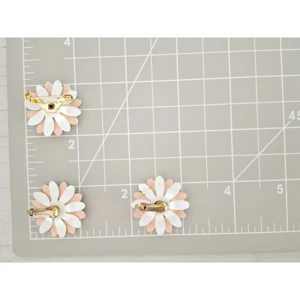 Blush Pink and White Layered Enamel Metal Flower Brooch and Earring Set